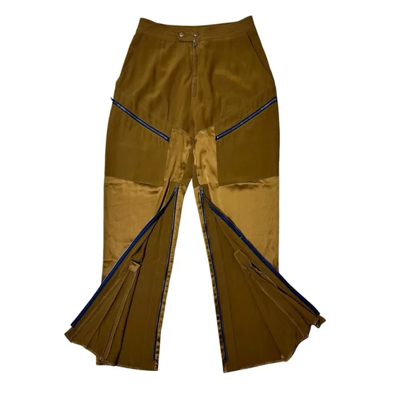 Fleur Du Mal Brown Yellow Zipper Split Hem Pants Cargo 8 EUC LKNEW Silk $545 - Picture 4 of 7